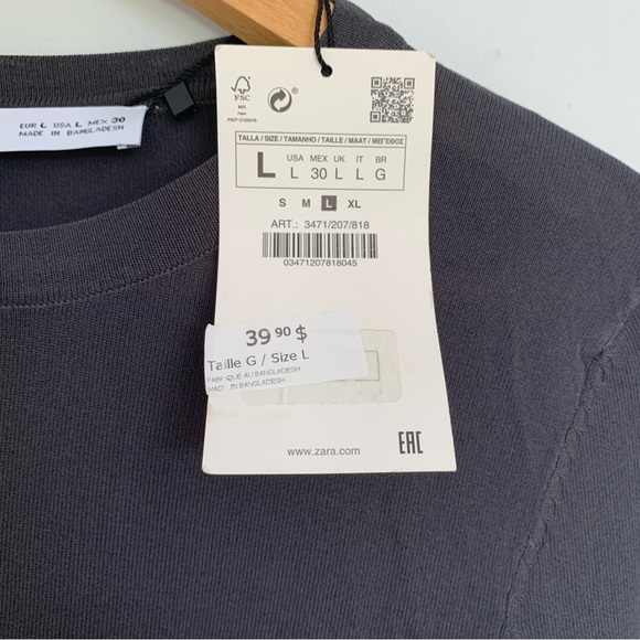 ZARA CHARCOAL LONG SLEEVED TOP NWT - Picture 8 of 8